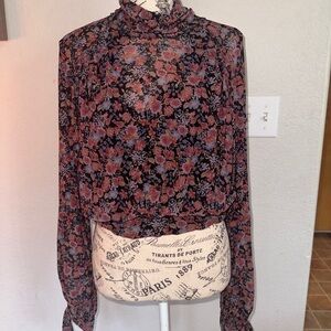 Free People All Dolled Up Cropped Mesh Top Blouse Red Floral Boho Medium